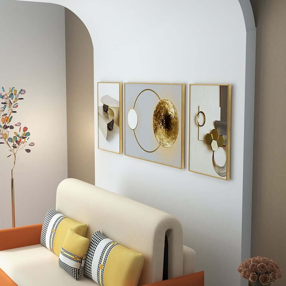 Modern White and Gold Geometric Wall Art Set with Aluminium Frame