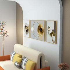 Modern White and Gold Geometric Wall Art Set with Aluminium Frame