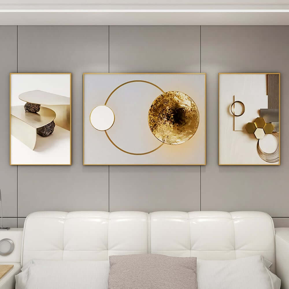Modern White and Gold Geometric Wall Art Set with Aluminium Frame