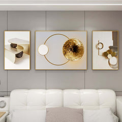 Modern White and Gold Geometric Wall Art Set with Aluminium Frame