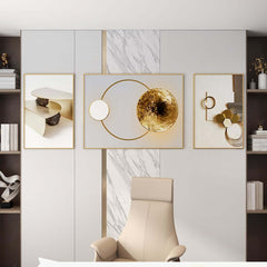 Modern White and Gold Geometric Wall Art Set with Aluminium Frame