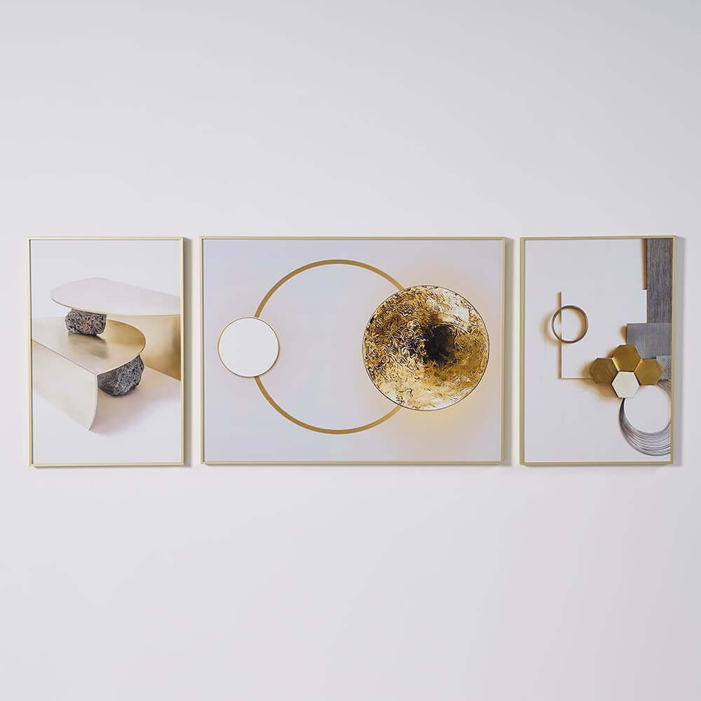 Modern White and Gold Geometric Wall Art Set with Aluminium Frame