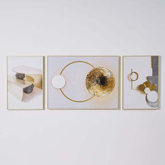 Modern White and Gold Geometric Wall Art Set with Aluminium Frame