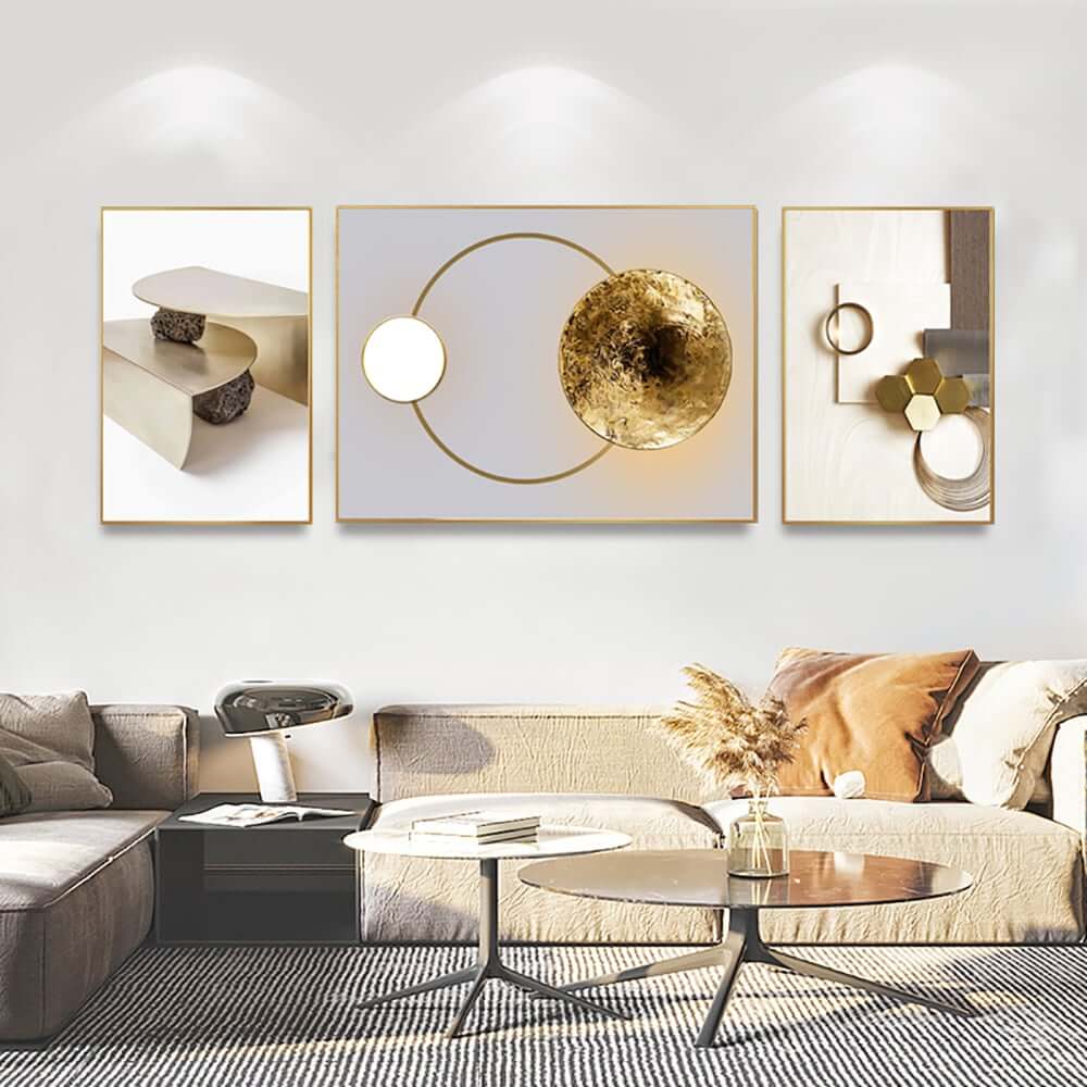 Modern White and Gold Geometric Wall Art Set with Aluminium Frame