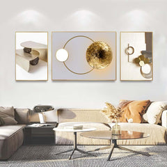 Modern White and Gold Geometric Wall Art Set with Aluminium Frame