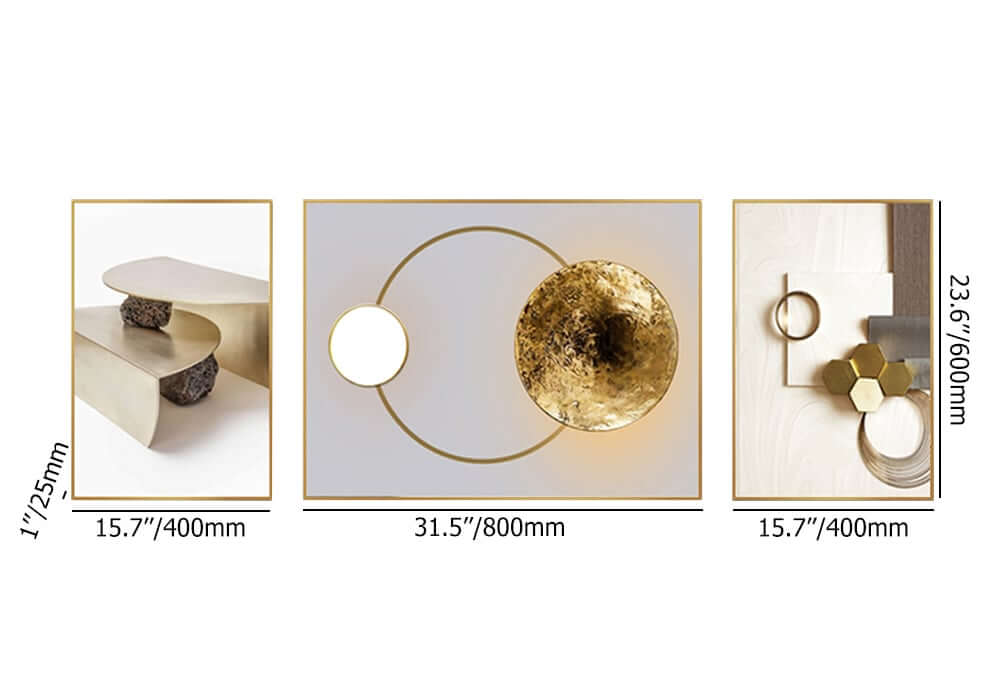 Modern White and Gold Geometric Wall Art Set with Aluminium Frame Dimensions