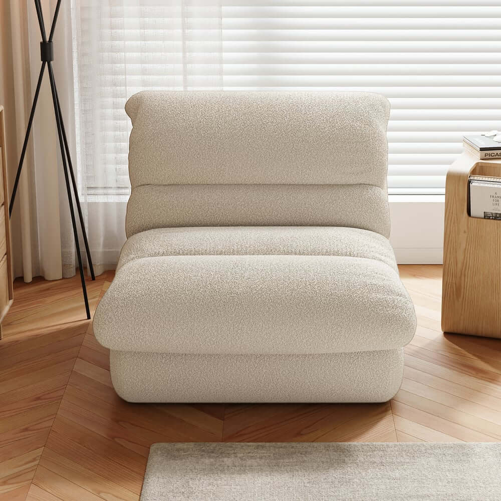 Modern White Armless Chenille Lounge Chair With Cushion Back