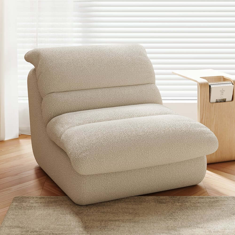 Modern White Armless Chenille Lounge Chair With Cushion Back