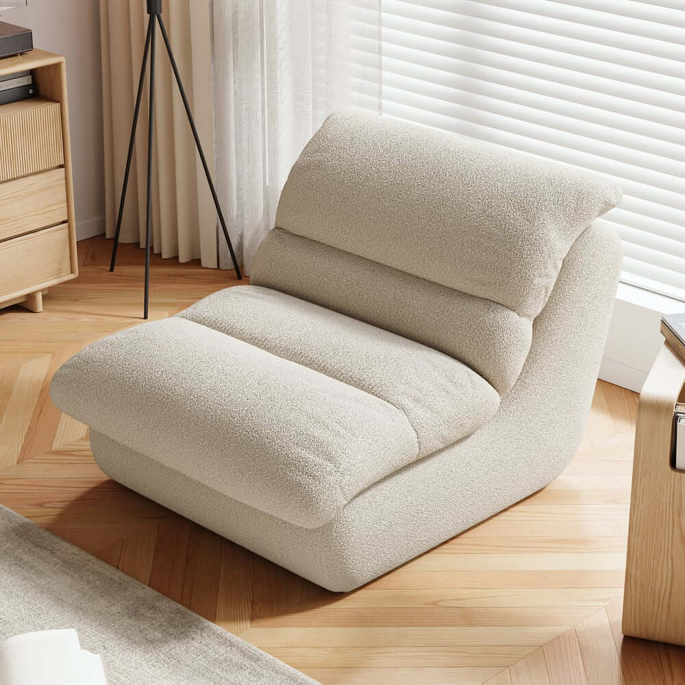 Modern White Armless Chenille Lounge Chair With Cushion Back Main Product Image