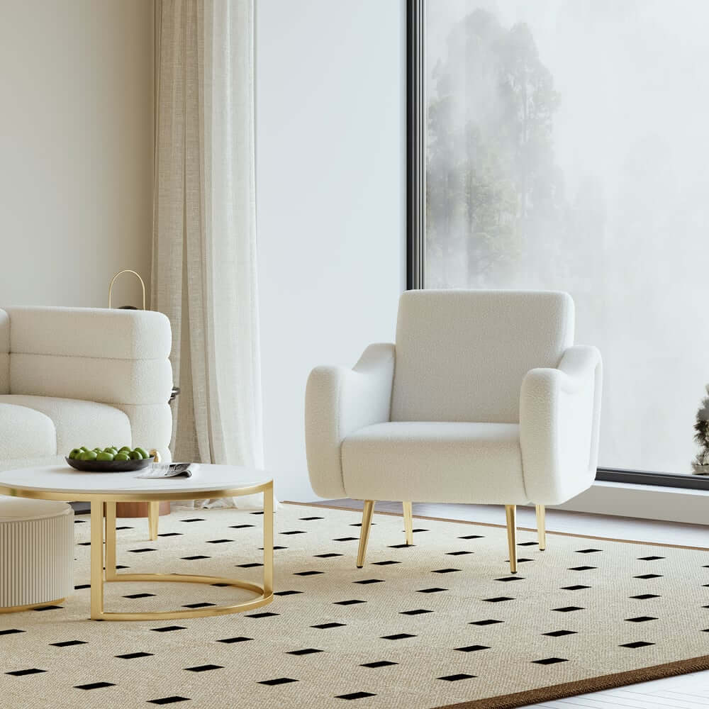 Modern White Boucle Arm Chair With Gold Metal Legs