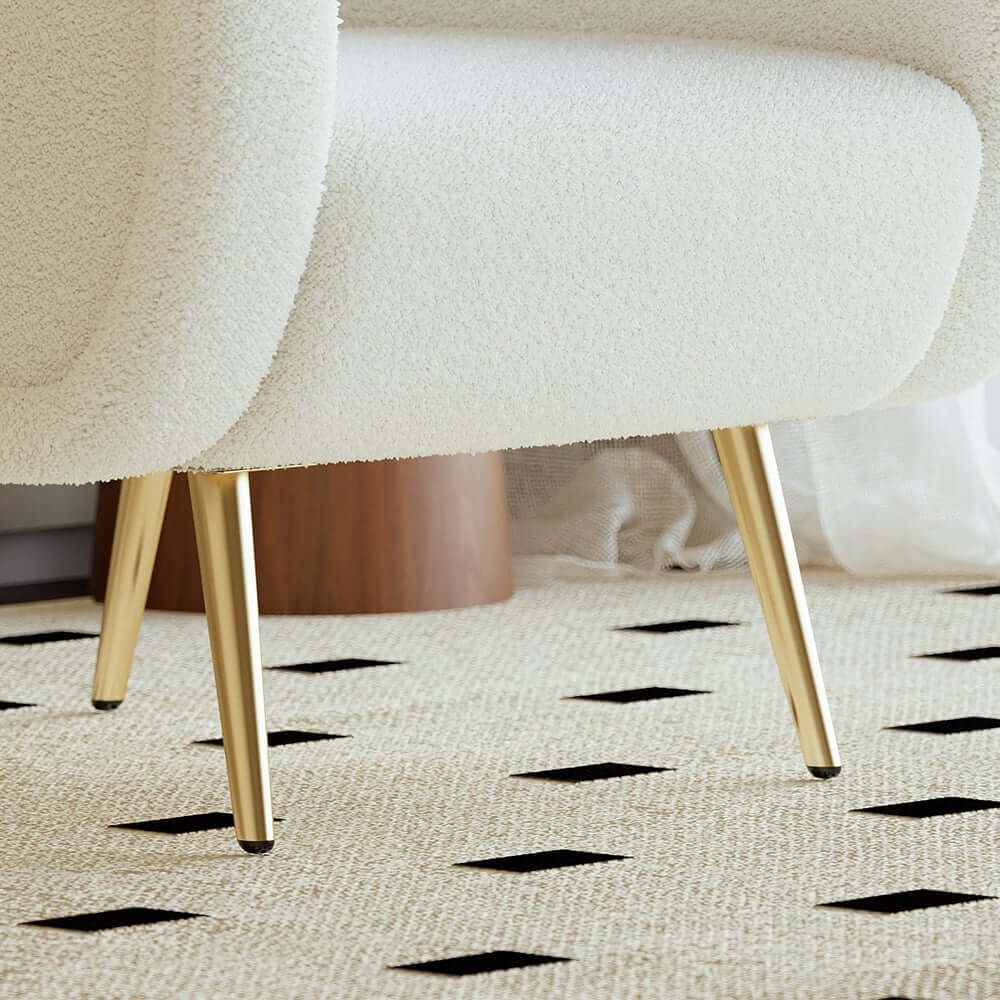 Modern White Boucle Arm Chair With Gold Metal Legs