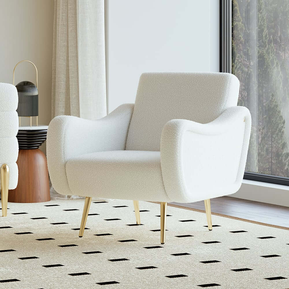 Modern White Boucle Arm Chair With Gold Metal Legs