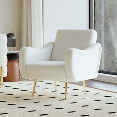 Modern White Boucle Arm Chair With Gold Metal Legs