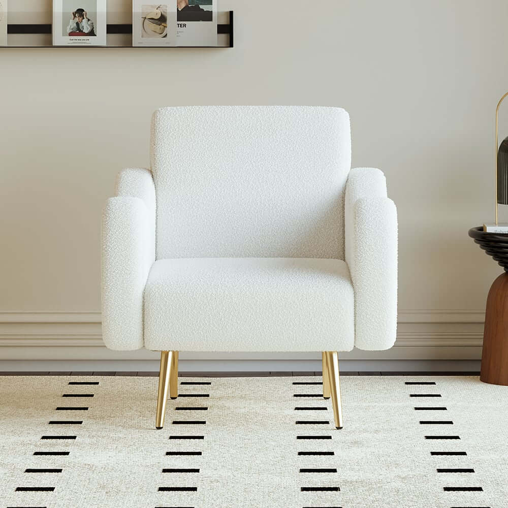 Modern White Boucle Arm Chair With Gold Metal Legs