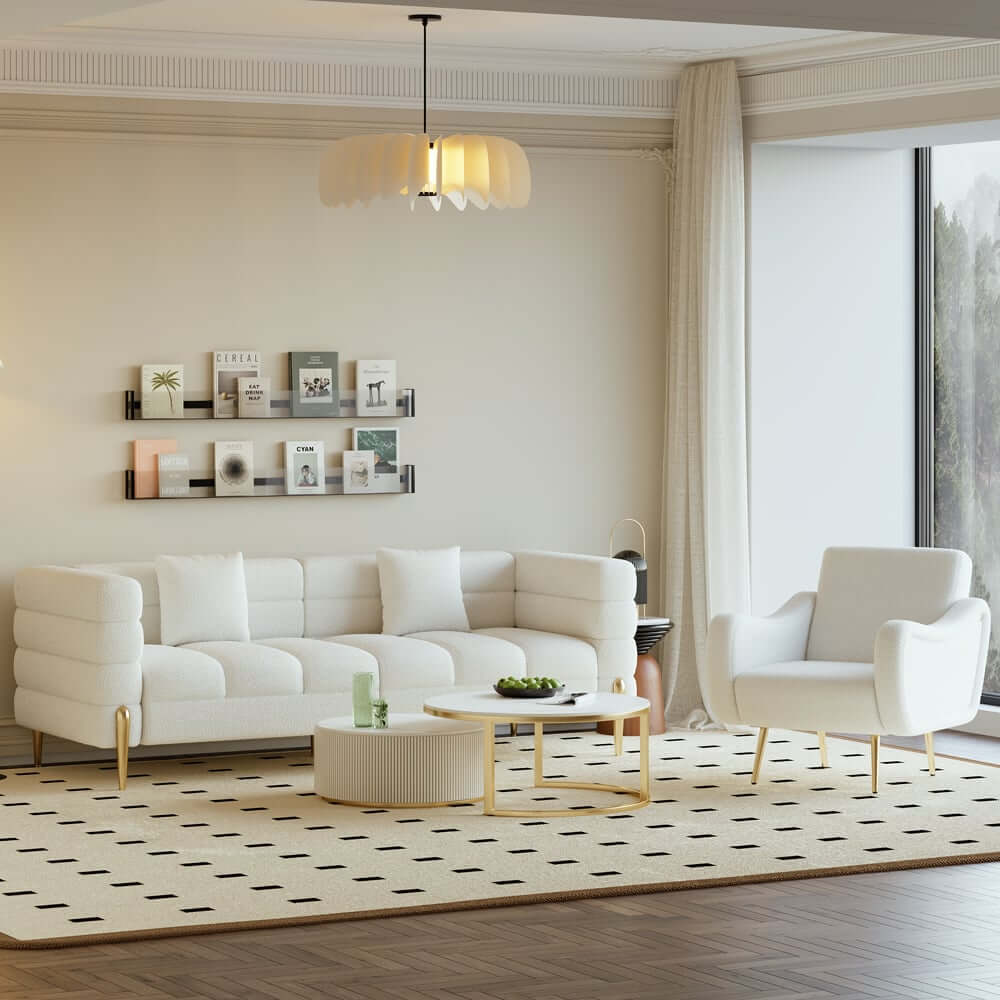 Modern White Boucle Arm Chair With Gold Metal Legs