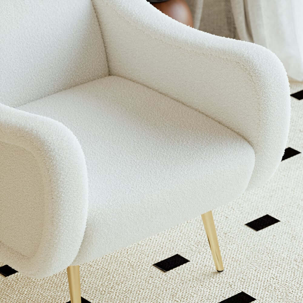 Modern White Boucle Arm Chair With Gold Metal Legs