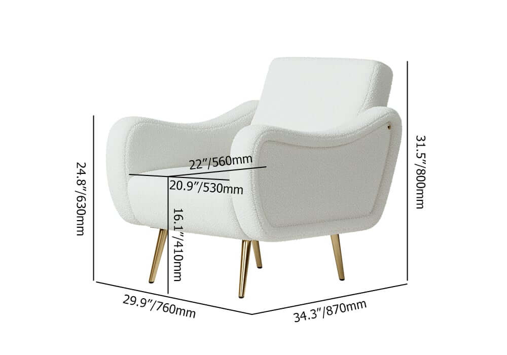 Modern White Boucle Arm Chair With Gold Metal Legs Dimensions
