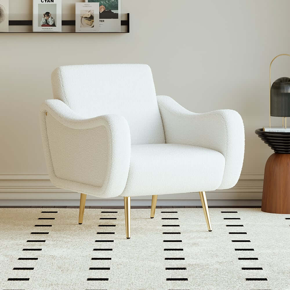 Modern White Boucle Arm Chair With Gold Metal Legs Main Product Image