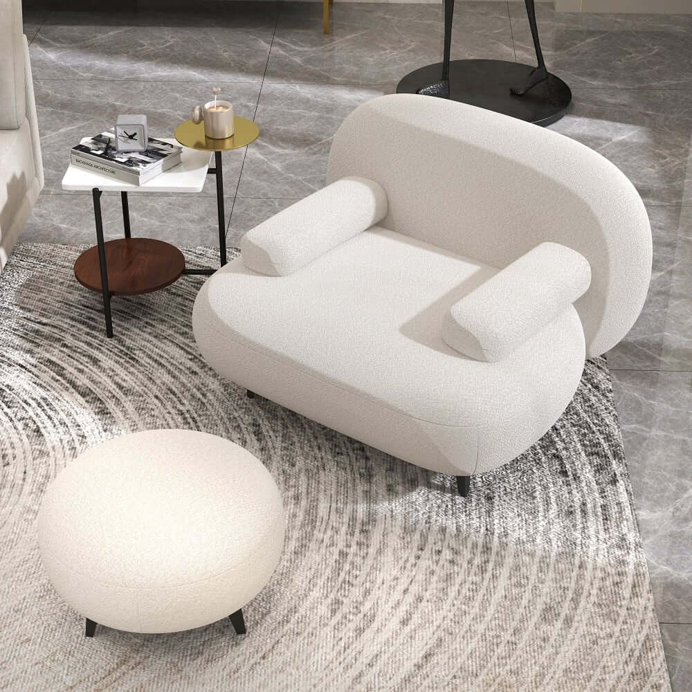 Modern White Boucle Armchair With Ottoman - Cushion Back