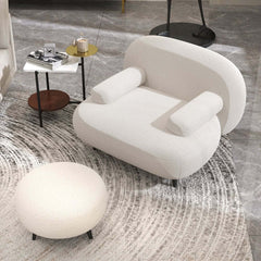 Modern White Boucle Armchair With Ottoman - Cushion Back