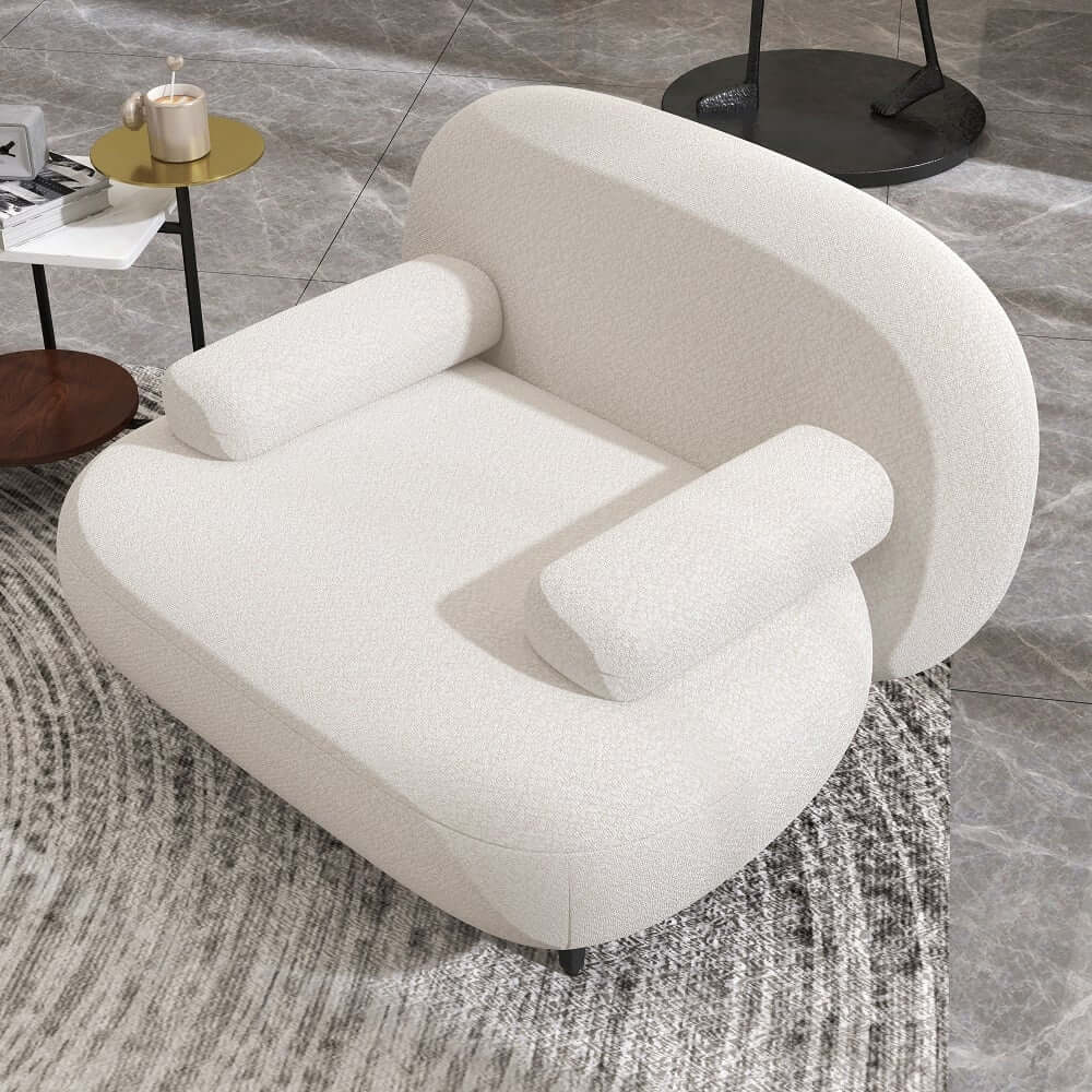 Modern White Boucle Armchair With Ottoman - Cushion Back