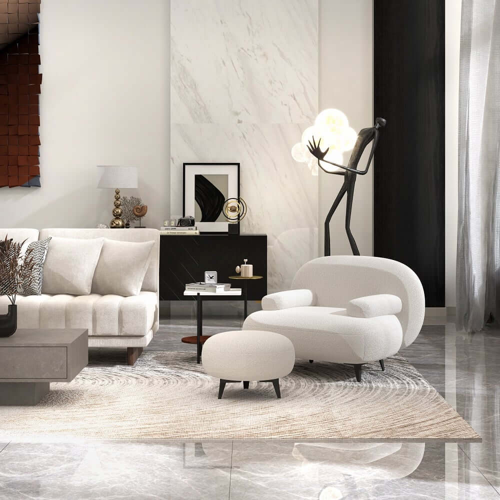 Modern White Boucle Armchair With Ottoman - Cushion Back