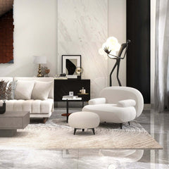 Modern White Boucle Armchair With Ottoman - Cushion Back