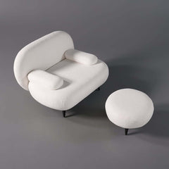Modern White Boucle Armchair With Ottoman - Cushion Back