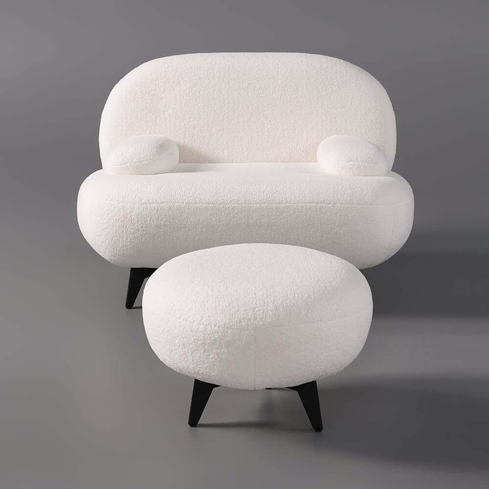 Modern White Boucle Armchair With Ottoman - Cushion Back
