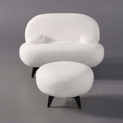 Modern White Boucle Armchair With Ottoman - Cushion Back