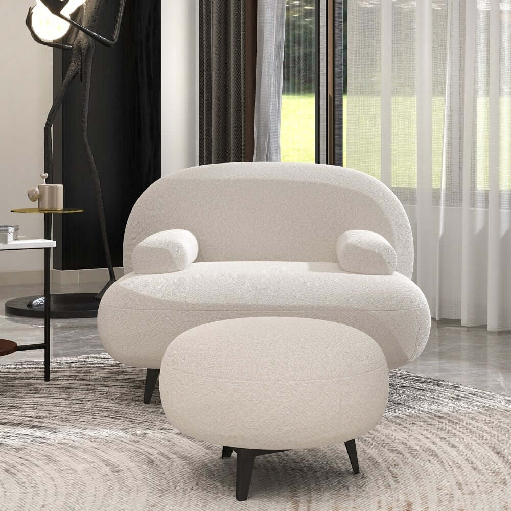 Modern White Boucle Armchair With Ottoman - Cushion Back