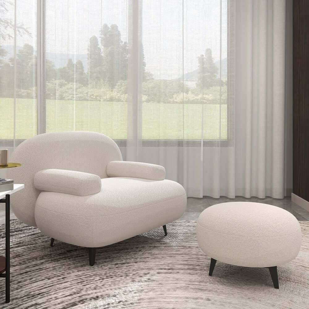 Modern White Boucle Armchair With Ottoman - Cushion Back