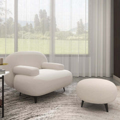 Modern White Boucle Armchair With Ottoman - Cushion Back