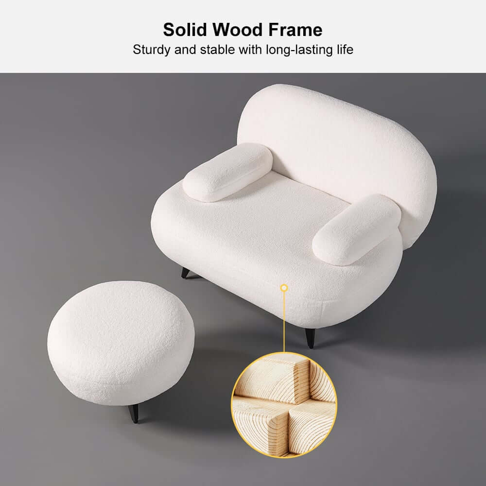 Modern White Boucle Armchair With Ottoman - Cushion Back