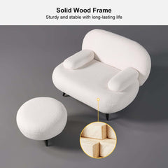 Modern White Boucle Armchair With Ottoman - Cushion Back