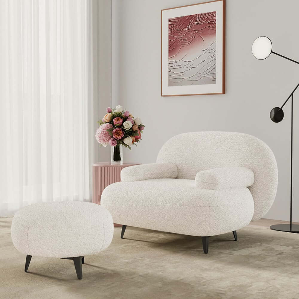 Modern White Boucle Armchair With Ottoman - Cushion Back