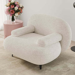 Modern White Boucle Armchair With Ottoman - Cushion Back
