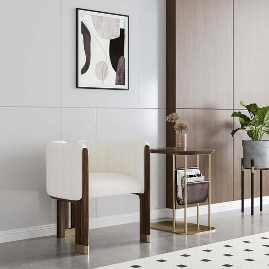 Modern White Boucle Barrel Chair With Birch Wood Legs