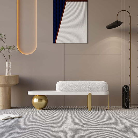 Modern White Boucle Bench with Gold Legs - Stylish Entryway Seating