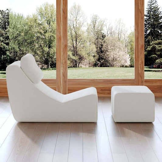 Modern White Boucle Lounge Chair & Ottoman Set
