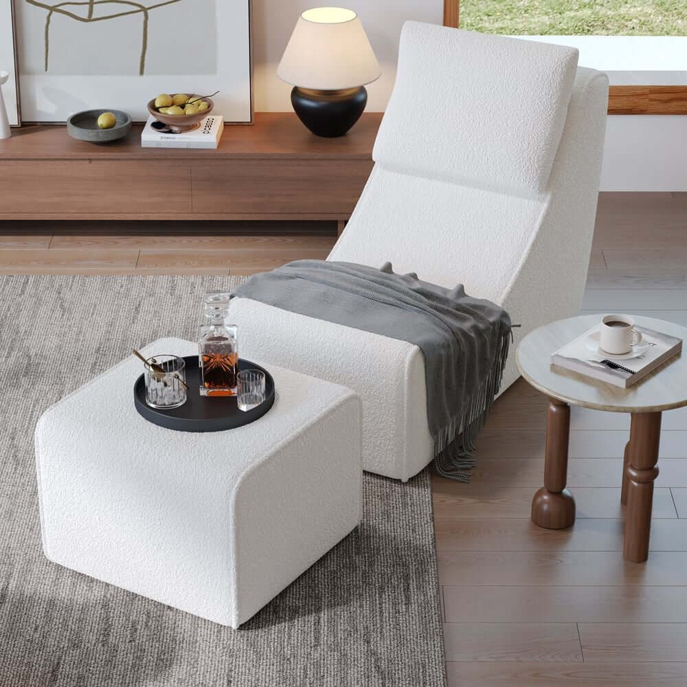 Modern White Boucle Lounge Chair & Ottoman Set