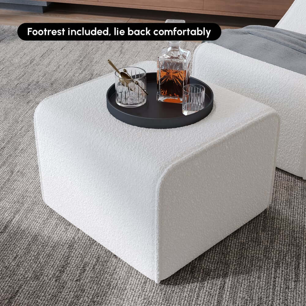 Modern White Boucle Lounge Chair & Ottoman Set