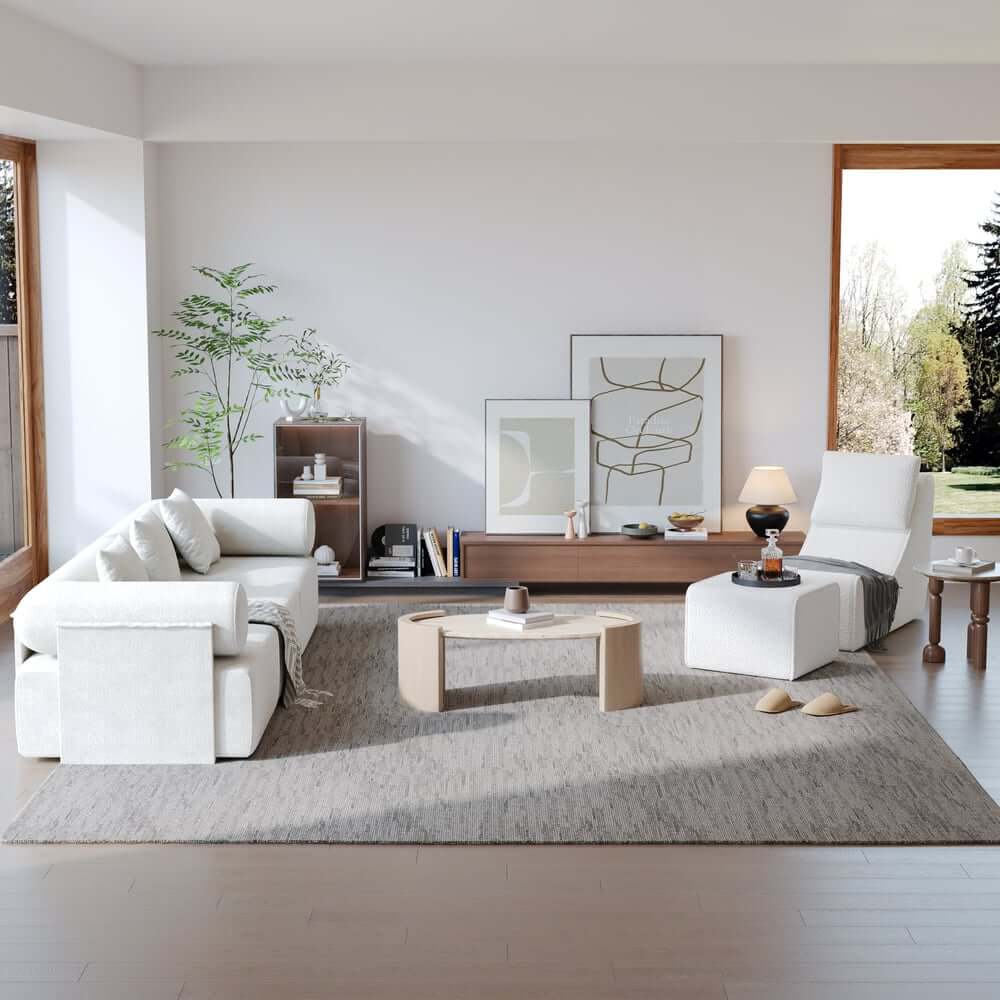 Modern White Boucle Lounge Chair & Ottoman Set