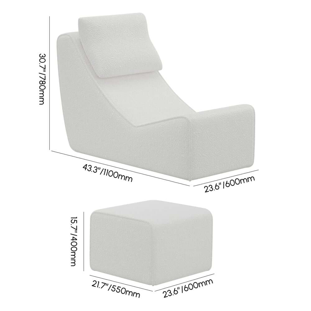 Modern White Boucle Lounge Chair & Ottoman Set Dimensions