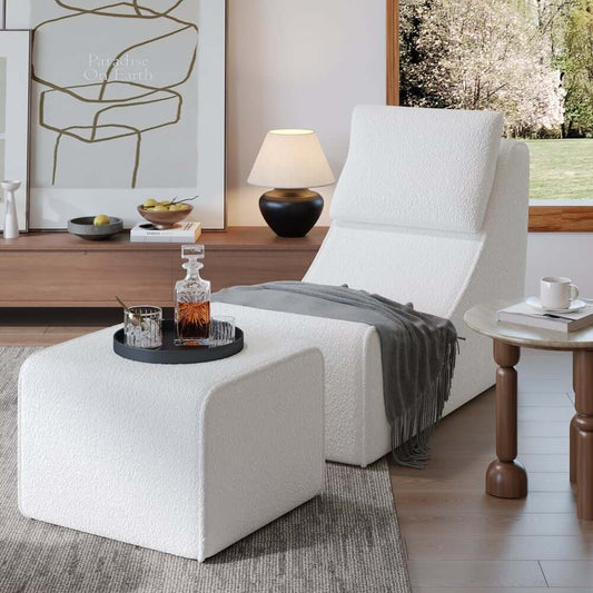Modern White Boucle Lounge Chair & Ottoman Set Main Product Image