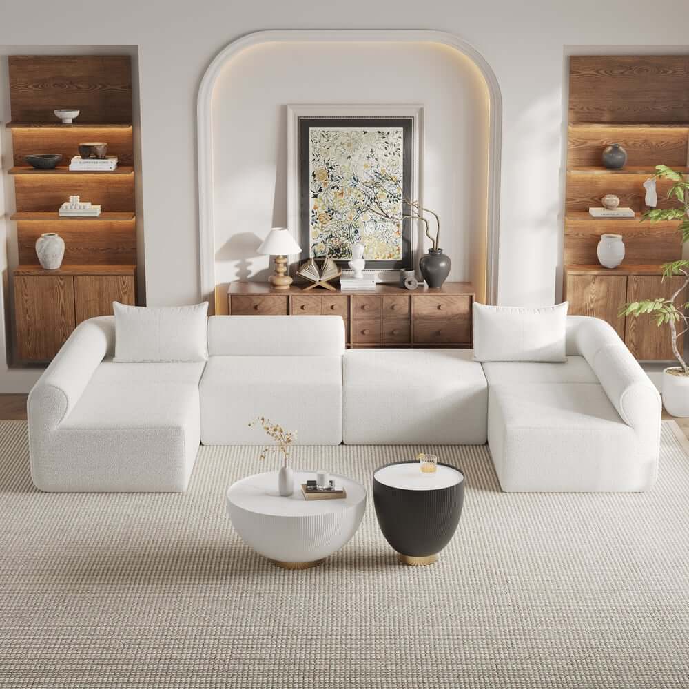 Modern White Boucle U-Shaped Modular Sectional Sofa