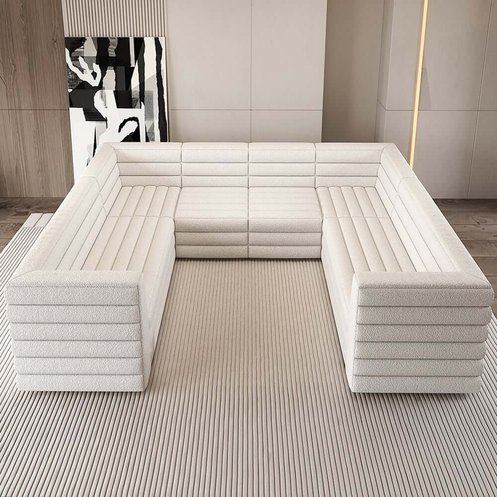 Modern White Boucle U-Shaped Modular Sectional Sofa Set