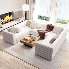 Modern White Boucle U-Shaped Modular Sectional Sofa Set