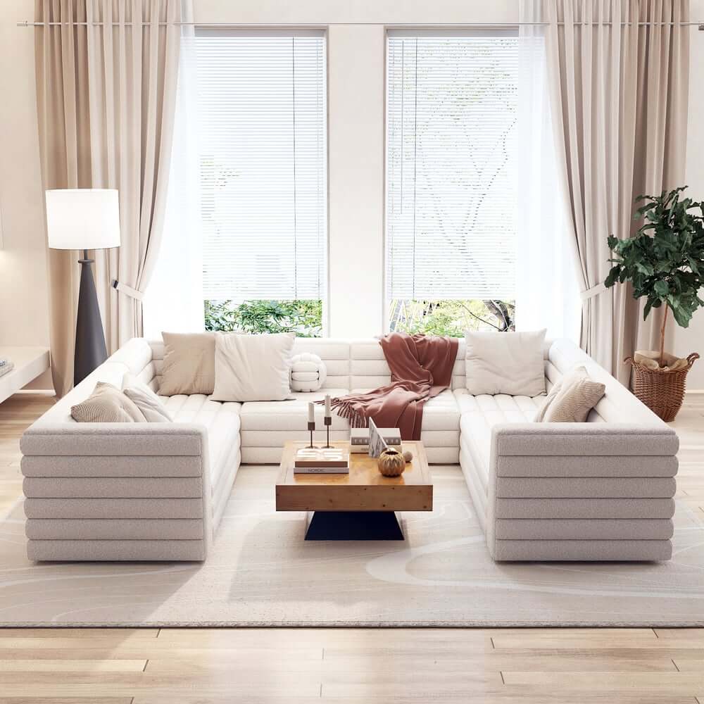 Modern White Boucle U-Shaped Modular Sectional Sofa Set
