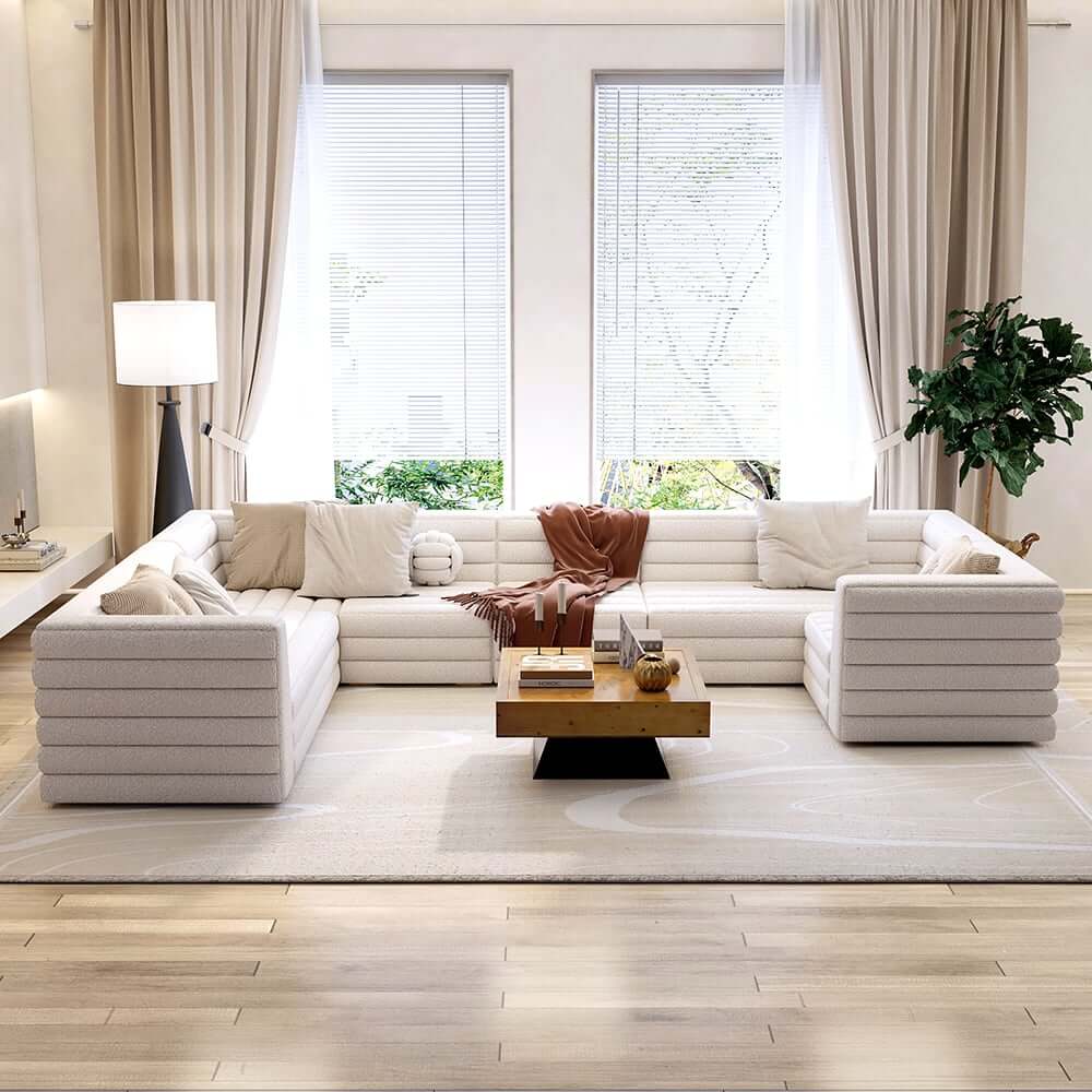 Modern White Boucle U-Shaped Modular Sectional Sofa Set